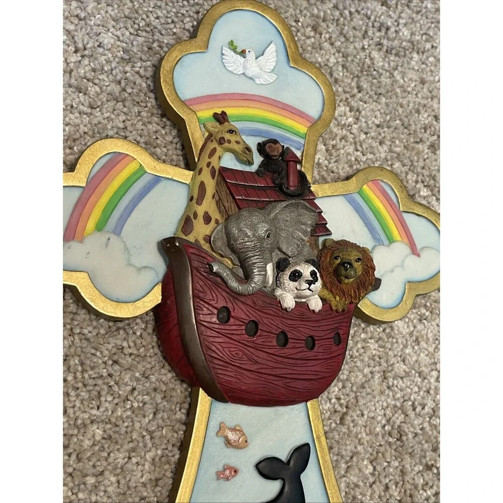 Nursery Decor Religious Wall Hanging Cross Noah’s Ark Resin Animals Spoontiques